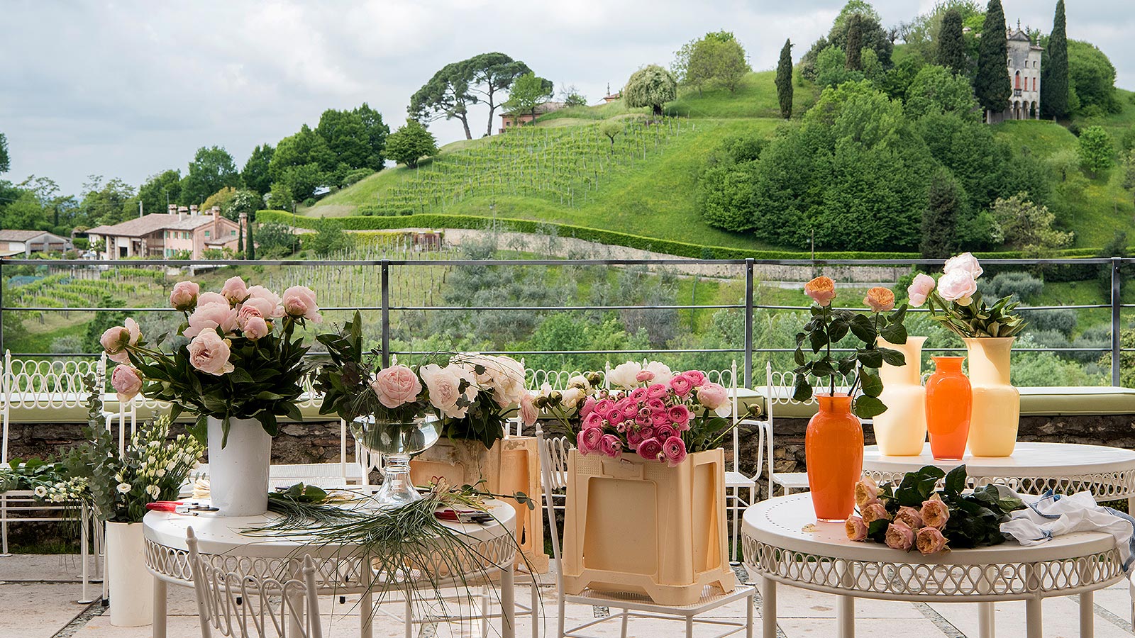 Detail of a flowered balcony at the hotel Villa Cipriani in Asolo